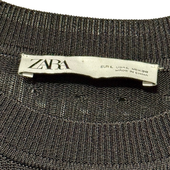 ZARA Rare Textured Open Weave Long Sleeve A Line Black Ribbed Dress size Large - Picture 11 of 12